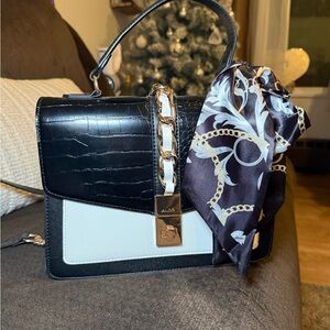 Aldo Black and White Satchel with Gold Chain